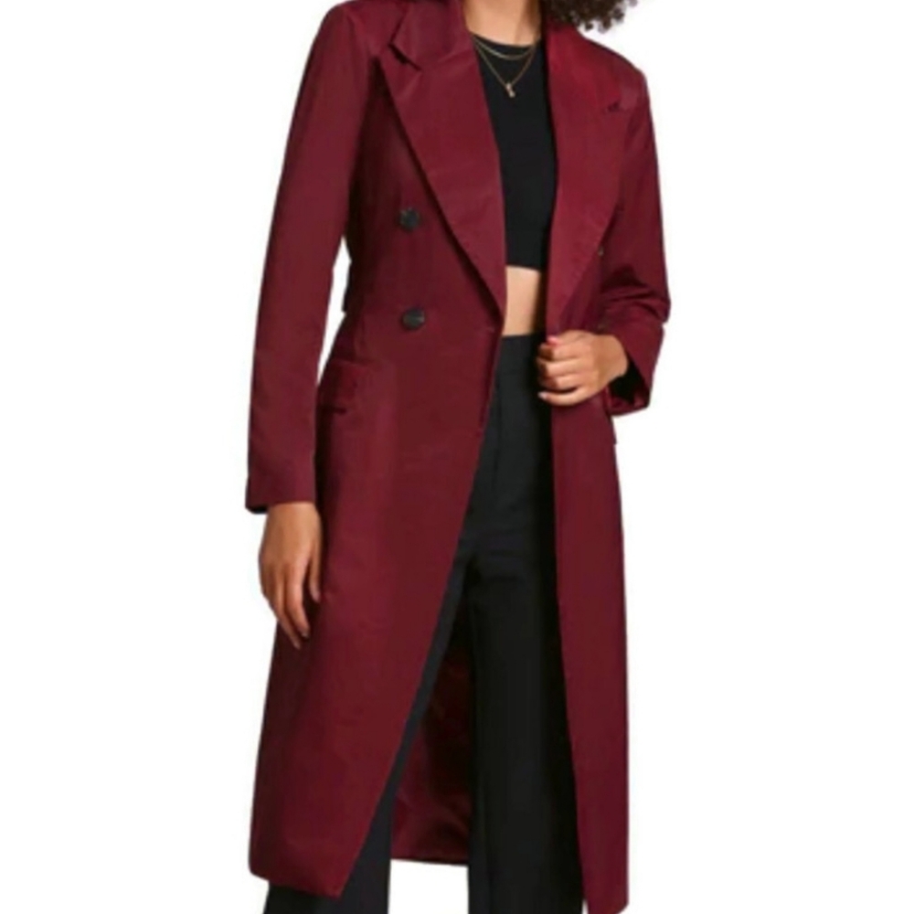 Avec Les Filles Dark Burgundy Stretch Cotton Blend Belted Longline Trench Coat - Picture 2 of 12